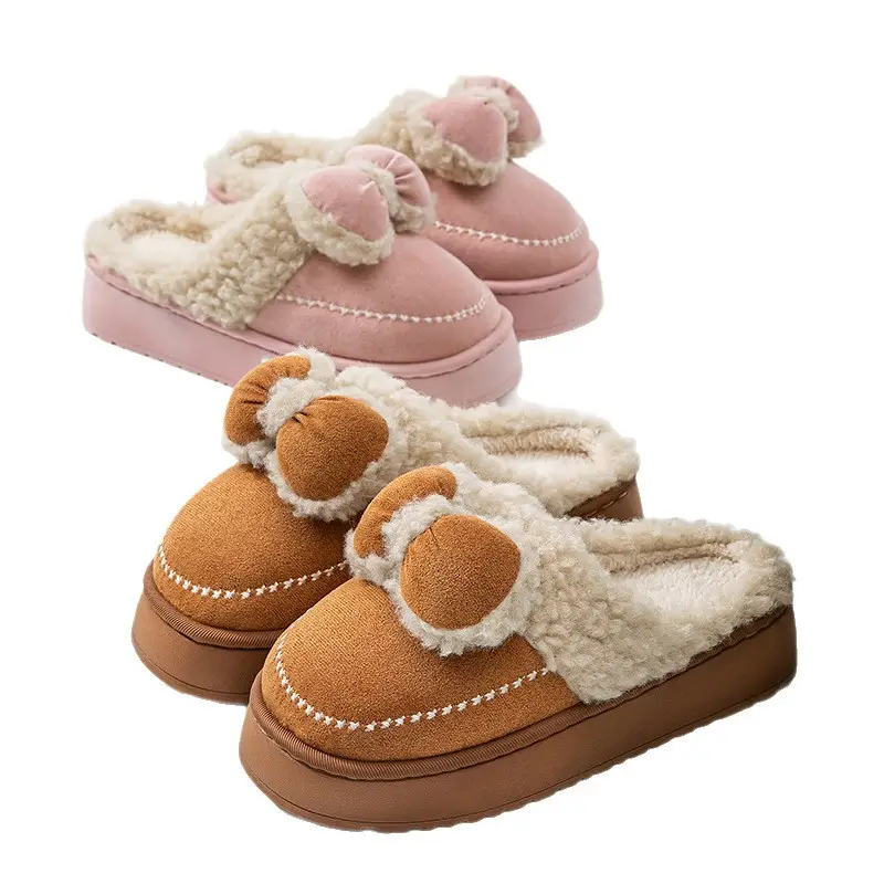 Indoor Thick-Soled Non-Slip Toe-Cap Plush Slippers for Home Winter Warm Confinement Shoes Bow Cotton Slippers Can Be Worn Outside - Image 9