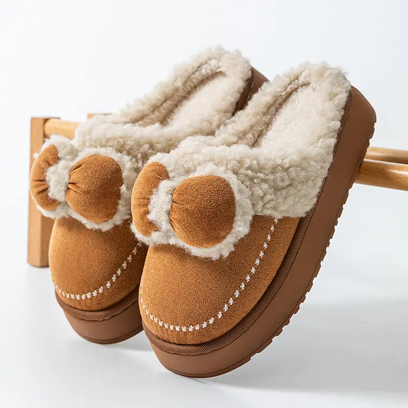 Indoor Thick-Soled Non-Slip Toe-Cap Plush Slippers for Home Winter Warm Confinement Shoes Bow Cotton Slippers Can Be Worn Outside - Image 4