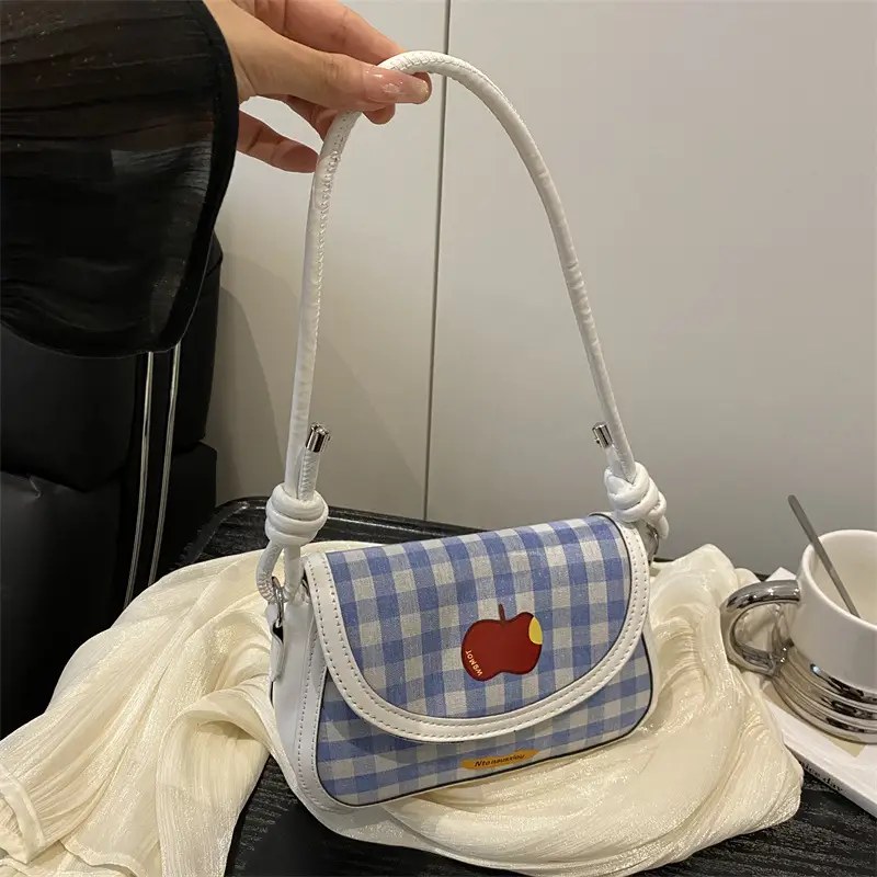 Cute Apple Niche Women's Blue Gingham Shoulder Bag - Image 4