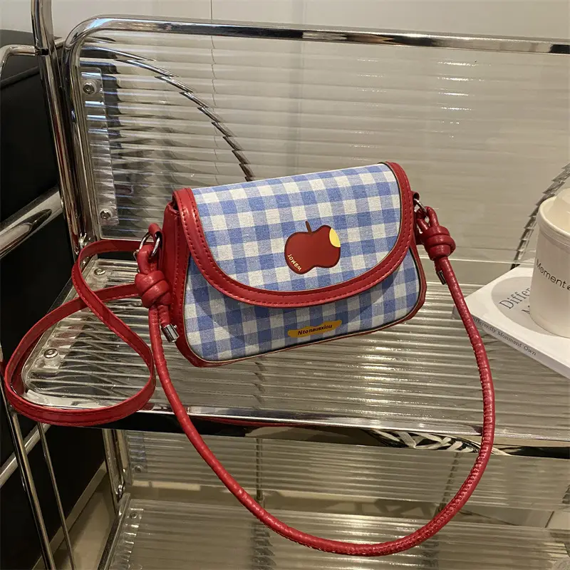 Cute Apple Niche Women's Blue Gingham Shoulder Bag - Image 5