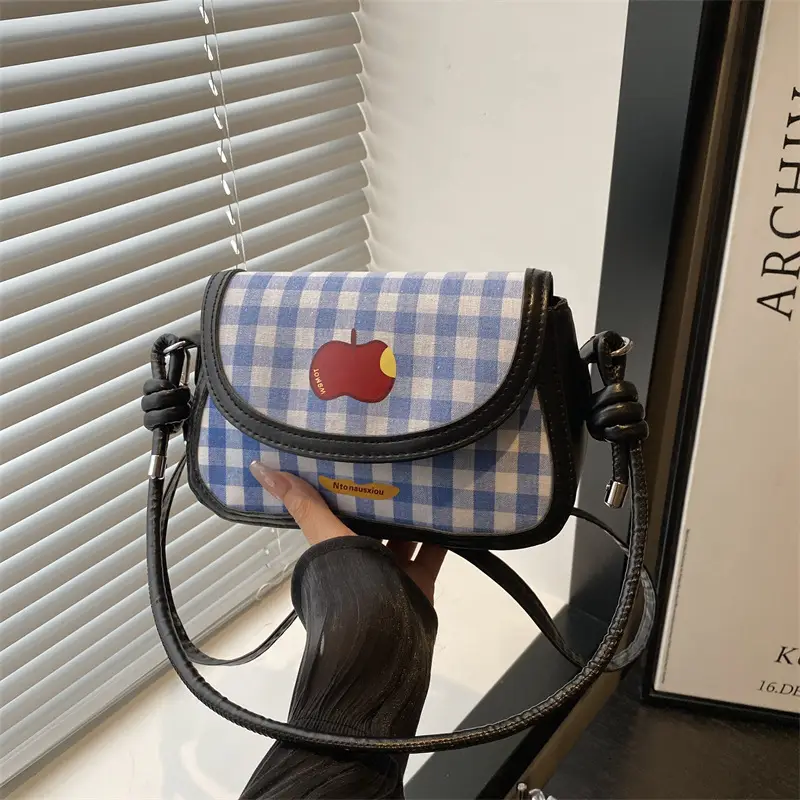 Cute Apple Niche Women's Blue Gingham Shoulder Bag - Image 6