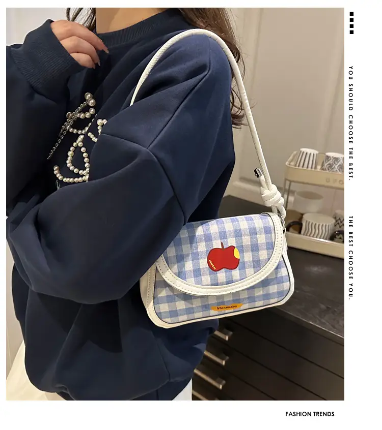 Cute Apple Niche Women's Blue Gingham Shoulder Bag — feature 1