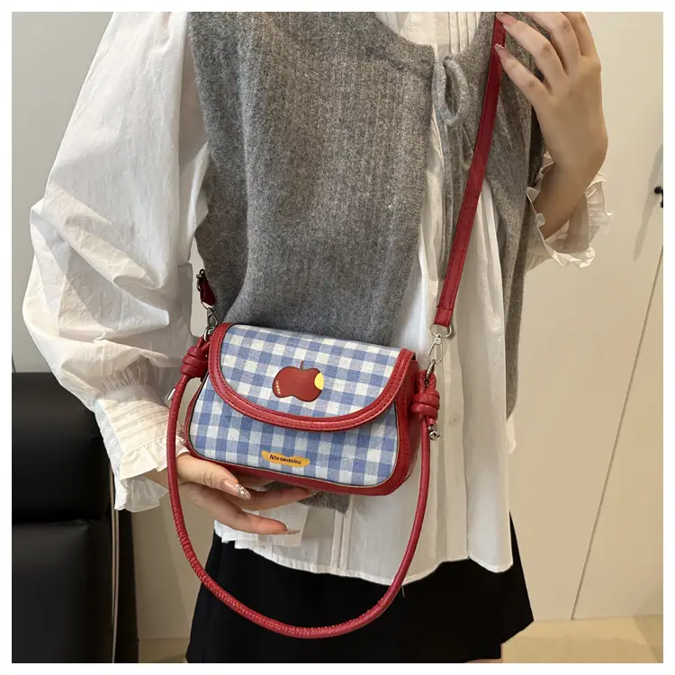Cute Apple Niche Women's Blue Gingham Shoulder Bag — feature 10
