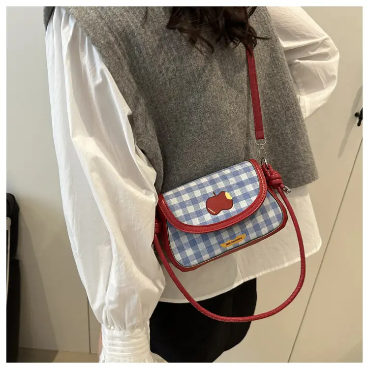 Cute Apple Niche Women's Blue Gingham Shoulder Bag — feature 11