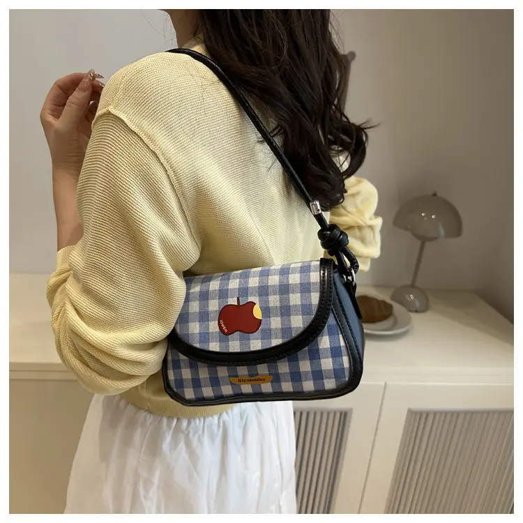 Cute Apple Niche Women's Blue Gingham Shoulder Bag — feature 14