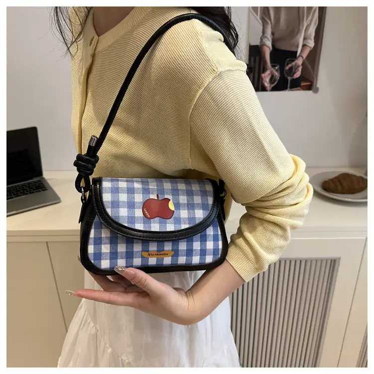 Cute Apple Niche Women's Blue Gingham Shoulder Bag — feature 15