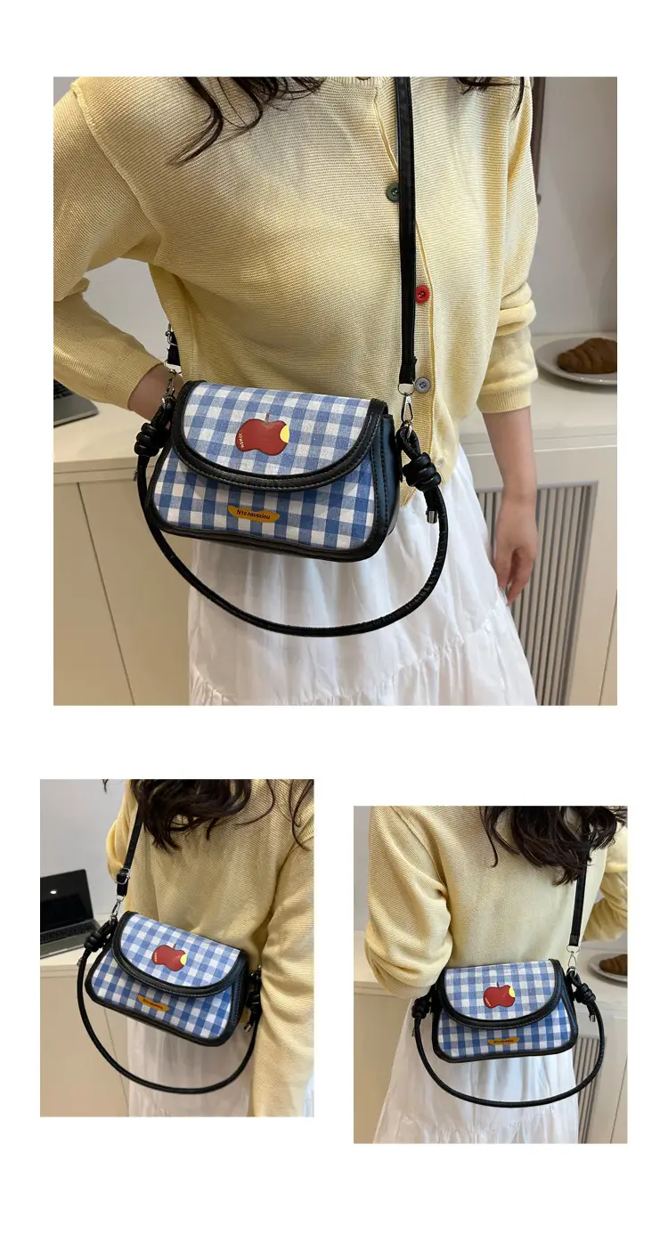 Cute Apple Niche Women's Blue Gingham Shoulder Bag — feature 16