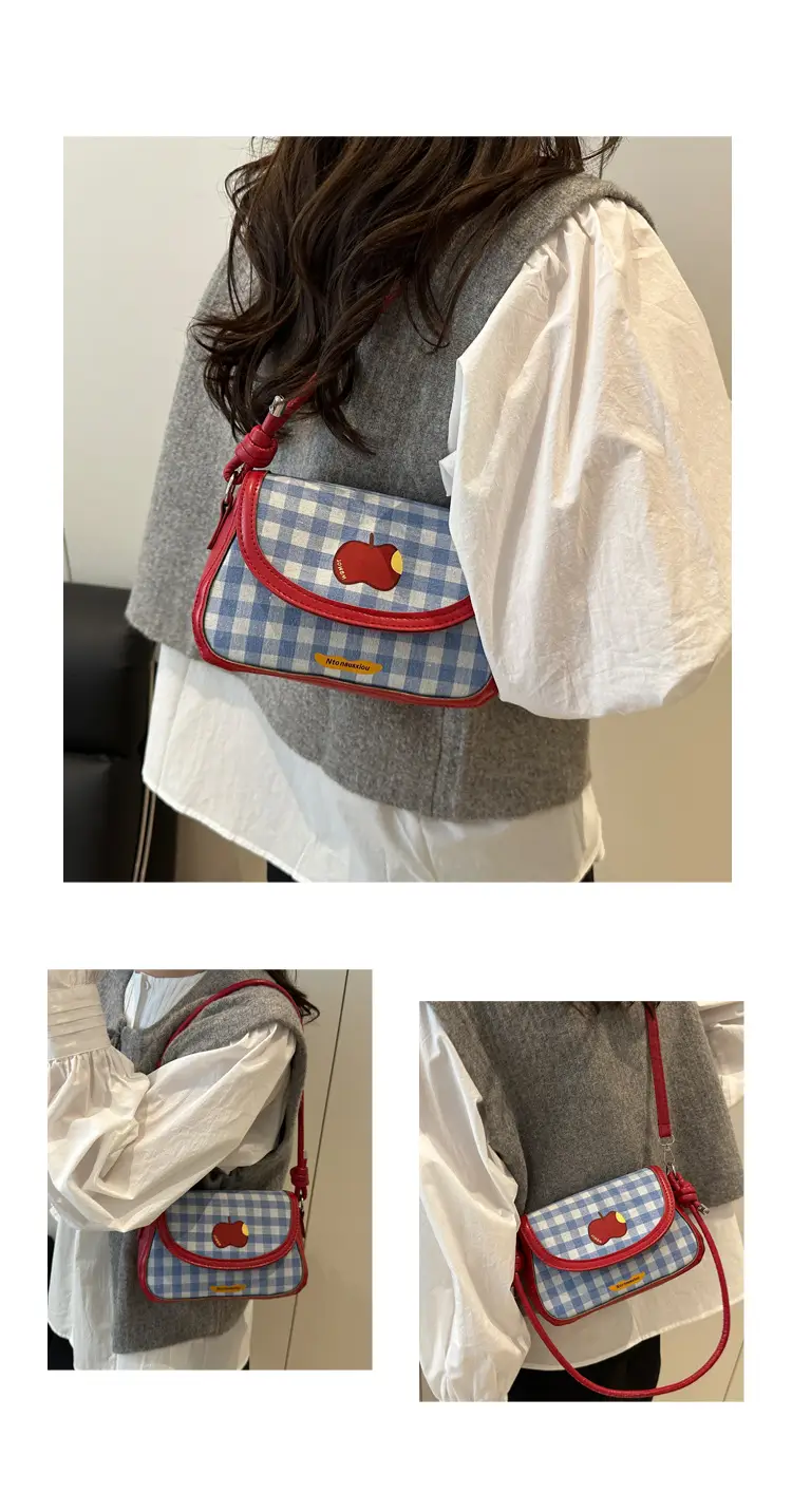 Cute Apple Niche Women's Blue Gingham Shoulder Bag — feature 17