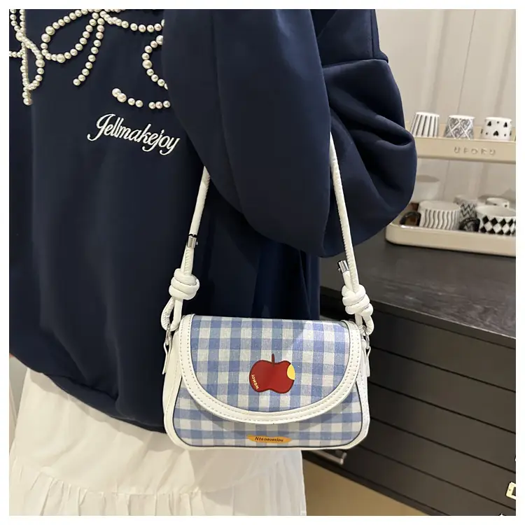Cute Apple Niche Women's Blue Gingham Shoulder Bag — feature 7