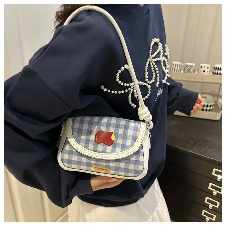 Cute Apple Niche Women's Blue Gingham Shoulder Bag — feature 8