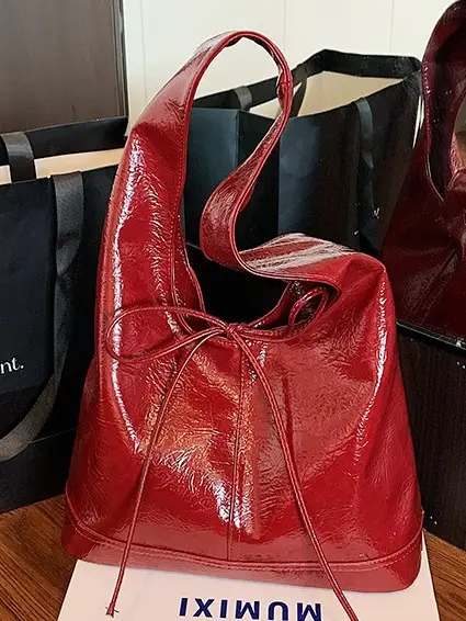 Red Bow Tote Bag for Women Leather Shoulder Bag