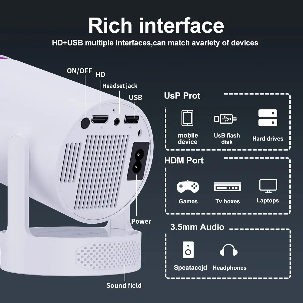 Cross-Border Popular Daytime Wall Projection 1080P Projector Mini Home Portable Hy300 Barrel Projector — feature 9