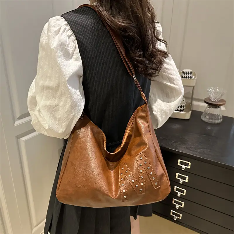 Retro Motorcycle Style Brown Croc Leather Shoulder Bag - Image 5