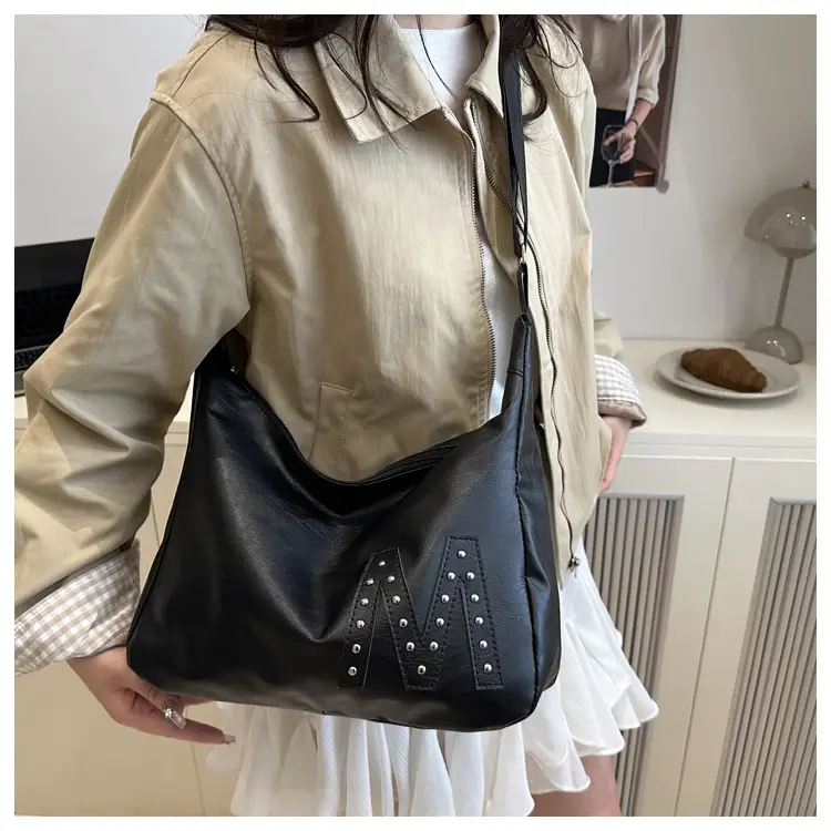 Retro Motorcycle Style Brown Croc Leather Shoulder Bag — feature 14