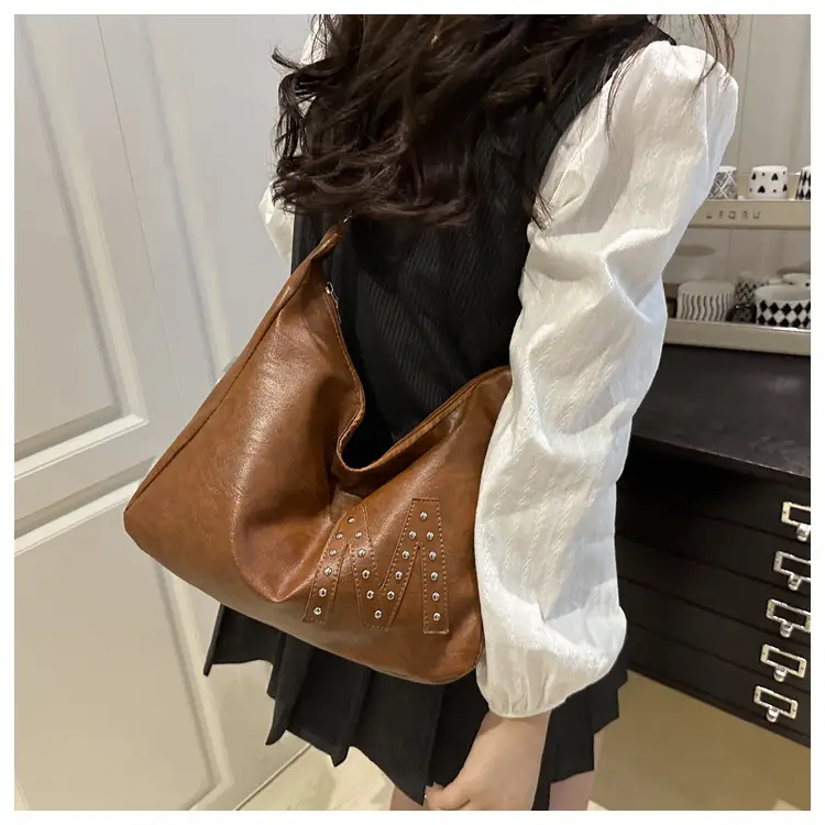 Retro Motorcycle Style Brown Croc Leather Shoulder Bag — feature 7