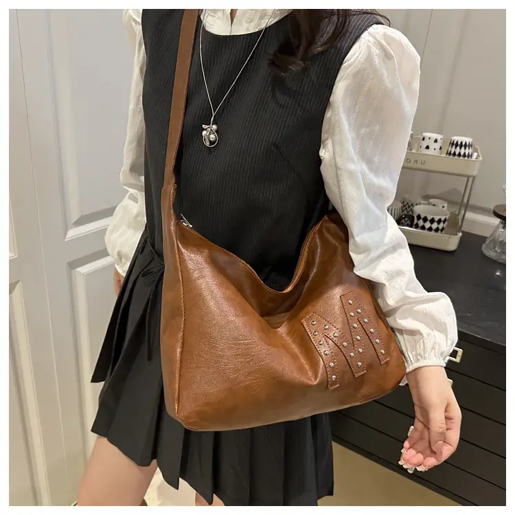Retro Motorcycle Style Brown Croc Leather Shoulder Bag — feature 8