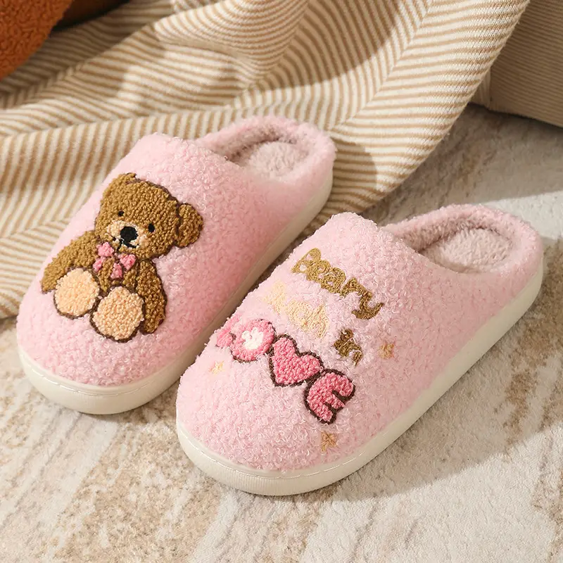 Cross-Border New Style Comfortable Home Warm Winter Cartoon Embroidered Bear Cotton Slippers for Men and Women Couples Indoor Cotton Slippers - Image 2