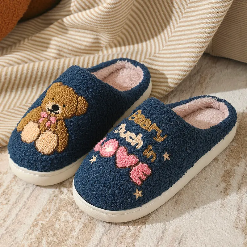 Cross-Border New Style Comfortable Home Warm Winter Cartoon Embroidered Bear Cotton Slippers for Men and Women Couples Indoor Cotton Slippers - Image 4