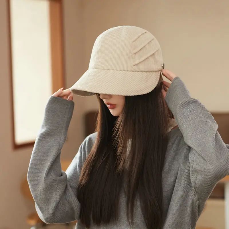 Women Duckbill Cap Oversized Corduroy Natural Brown