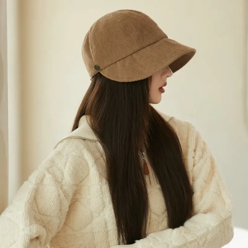 Women Duckbill Cap Oversized Corduroy Natural Brown