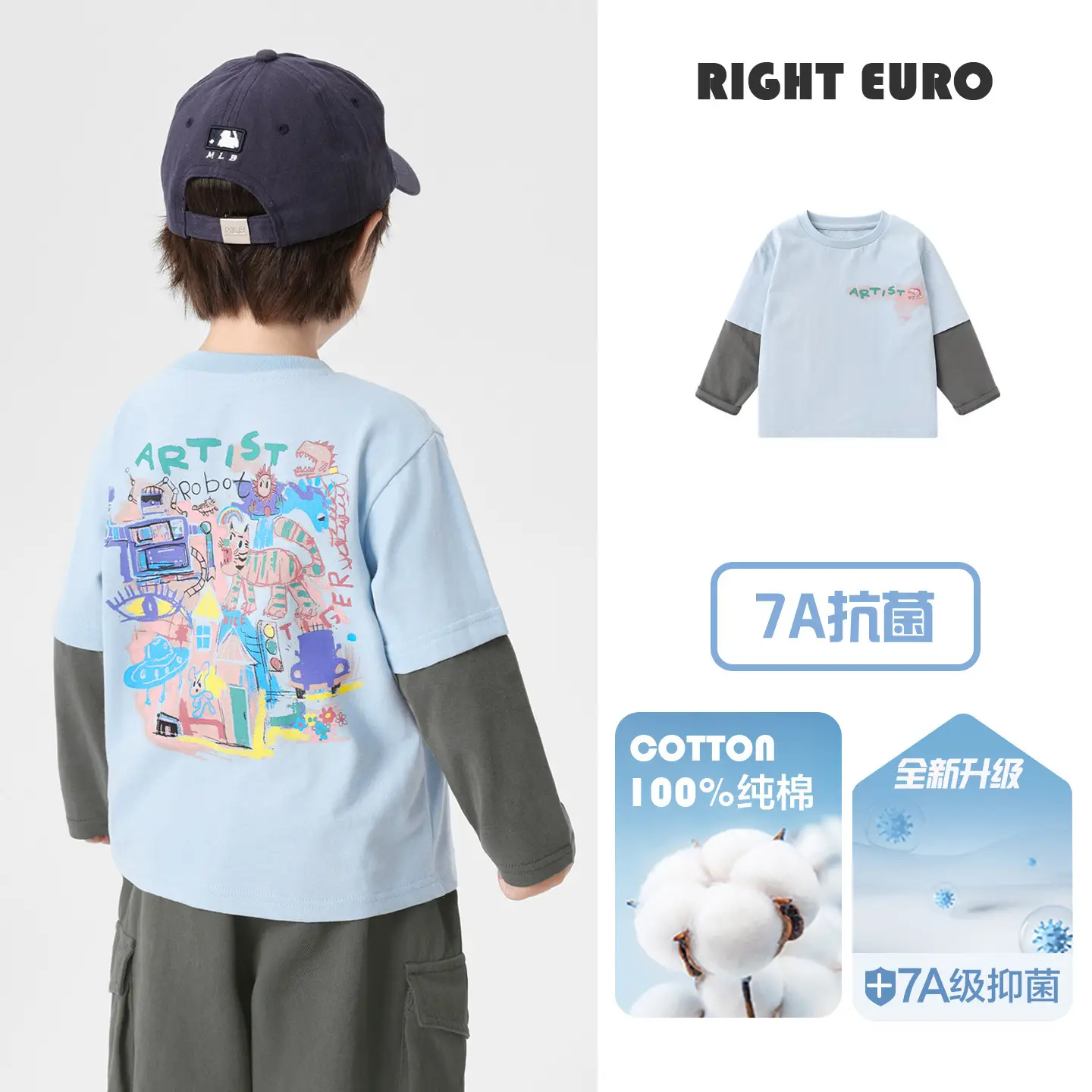 Right Euro Boys Long Sleeve Cotton T-Shirt White Blue - Image 13