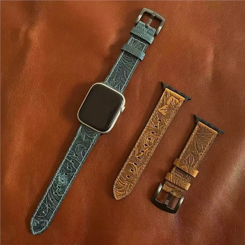 Apple Watch Strap with Retro Crazy Horse Print Genuine Leather Iwatchse11/10987654Ultra