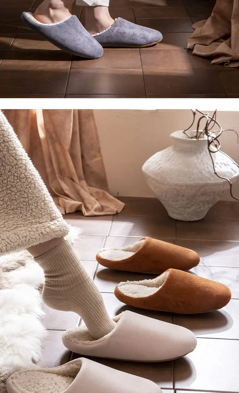 Suede Cotton Slippers for Women Winter New Home Indoor Fleece-Lined Warm Soft Thick Sole Non-Slip Cotton Slippers for Men — feature 9