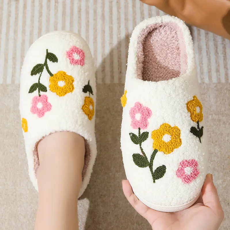 Cross-Border New Style Comfortable Home Cute Colorfulful Flower Winter Cotton Slippers for Men and Women Couples Warm Indoor Cotton Slippers