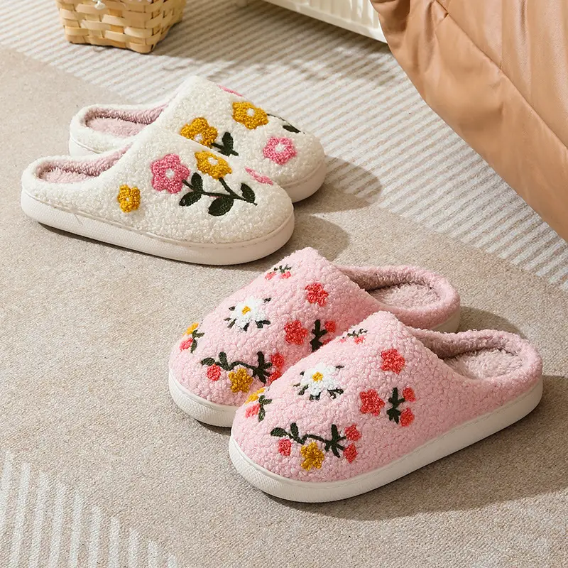 Cross-Border New Style Comfortable Home Cute Colorfulful Flower Winter Cotton Slippers for Men and Women Couples Warm Indoor Cotton Slippers