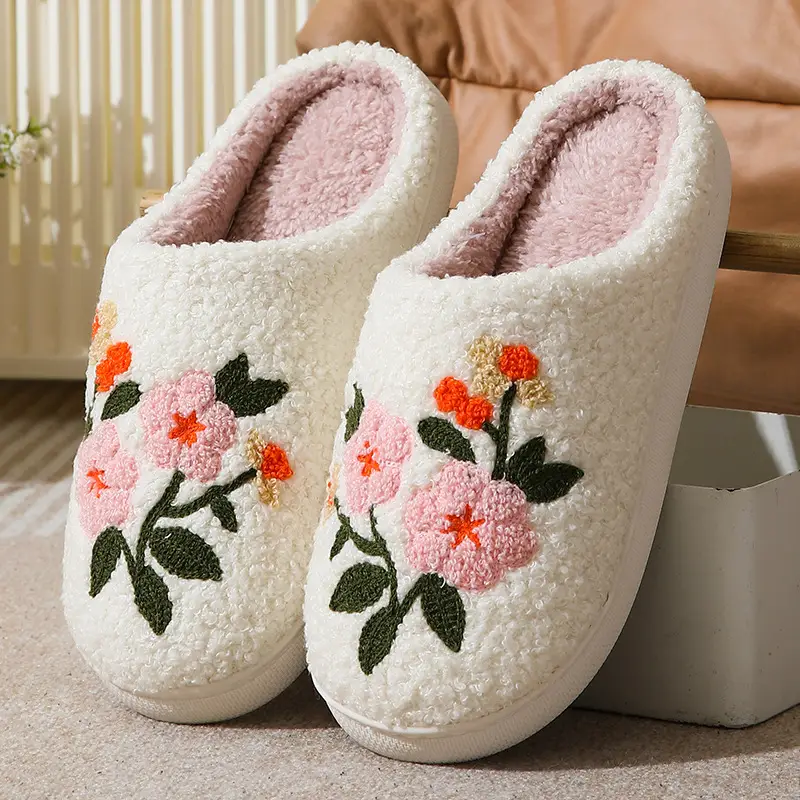 Cross-Border New Style Comfortable Home Cute Colorfulful Flower Winter Cotton Slippers for Men and Women Couples Warm Indoor Cotton Slippers