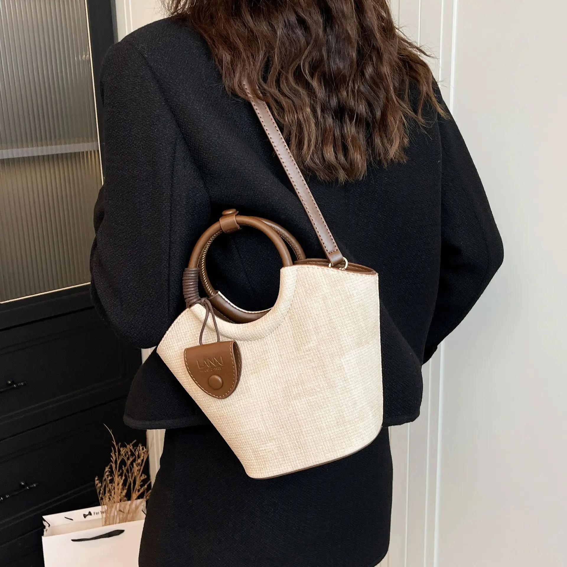 Black Woven Bucket Bag for Women Crossbody Shoulder - Image 7