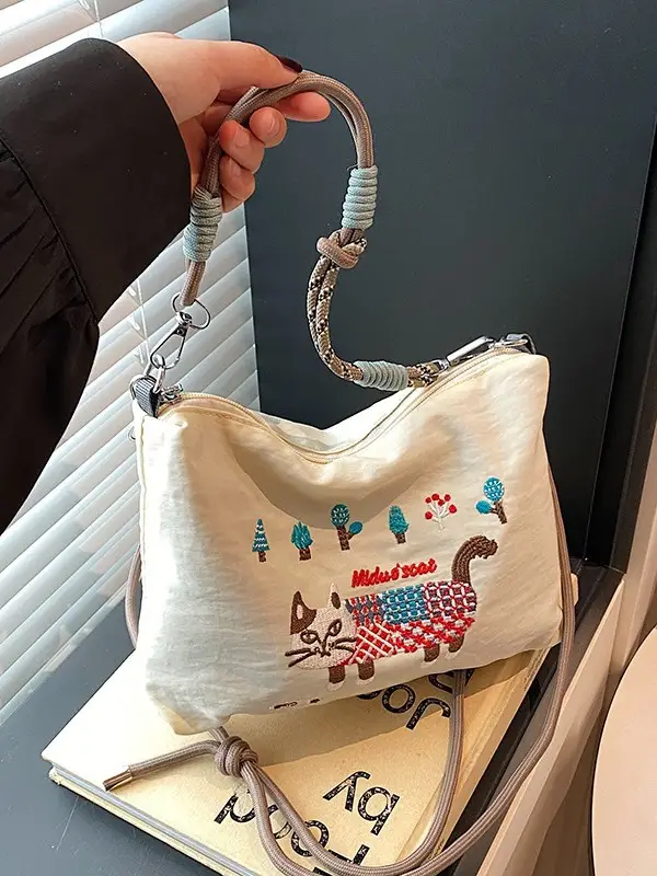 Japanese Style Embroidered Cat Tote Bag Black Waterproof - Image 6