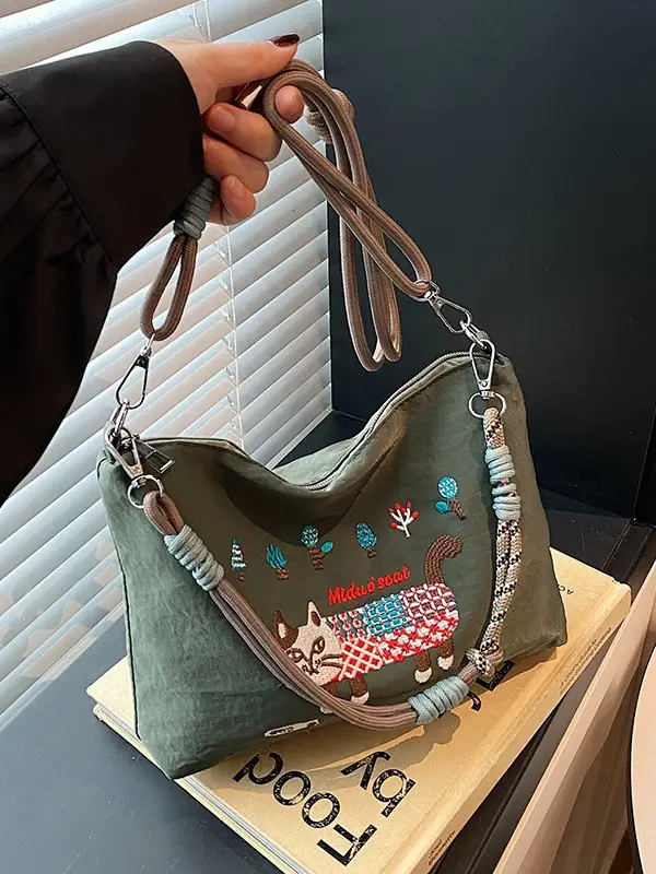 Japanese Style Embroidered Cat Tote Bag Black Waterproof - Image 8