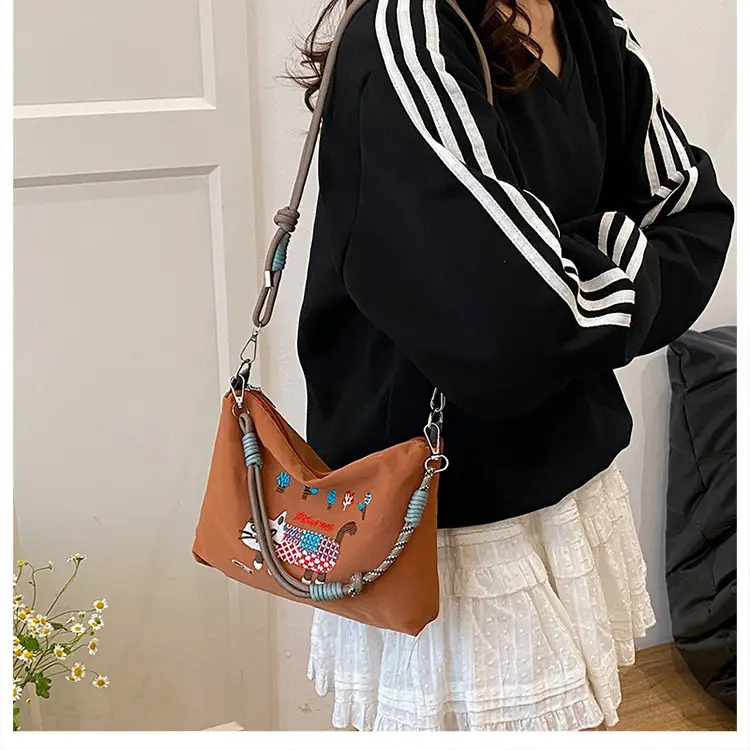 Japanese Style Embroidered Cat Tote Bag Black Waterproof — feature 10