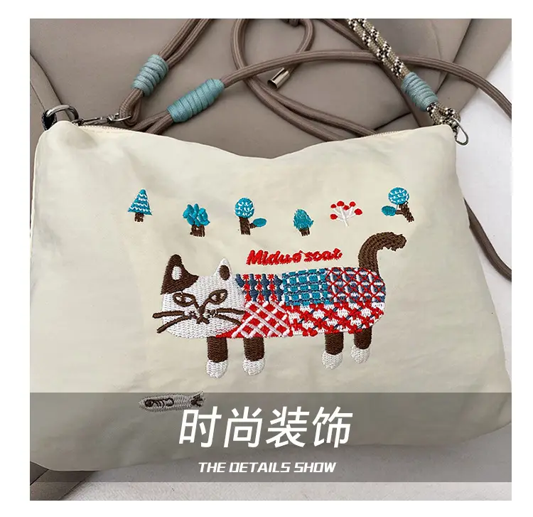 Japanese Style Embroidered Cat Tote Bag Black Waterproof — feature 5