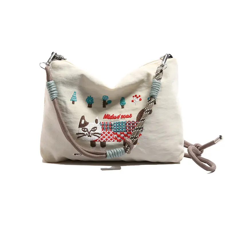 Japanese Style Embroidered Cat Tote Bag Black Waterproof - Image 2