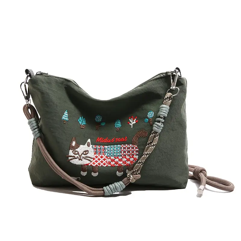 Japanese Style Embroidered Cat Tote Bag Black Waterproof - Image 3