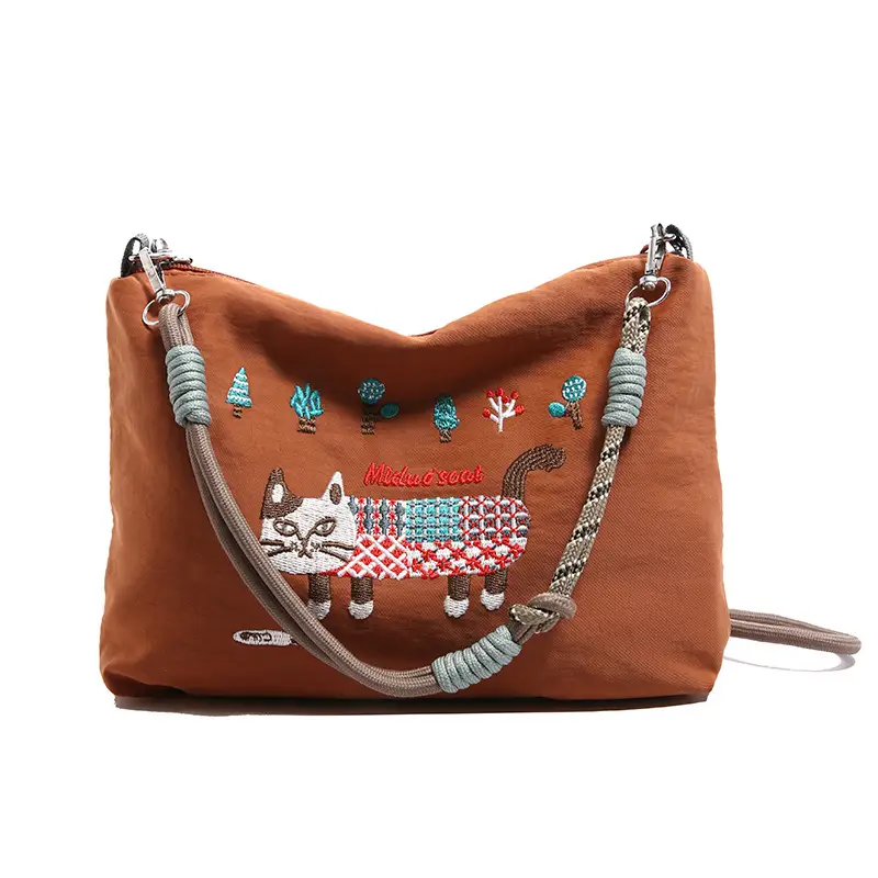 Japanese Style Embroidered Cat Tote Bag Black Waterproof - Image 4
