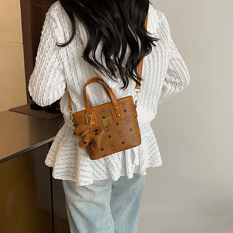 Cute Cartoon Bucket Bag for Women Brown Leather - Image 7