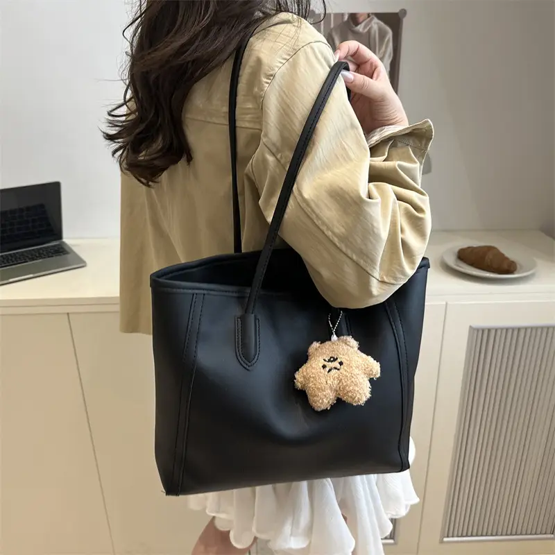 White Leather Shoulder Bag with Brown Strap & Pom Pom Charm - Image 12