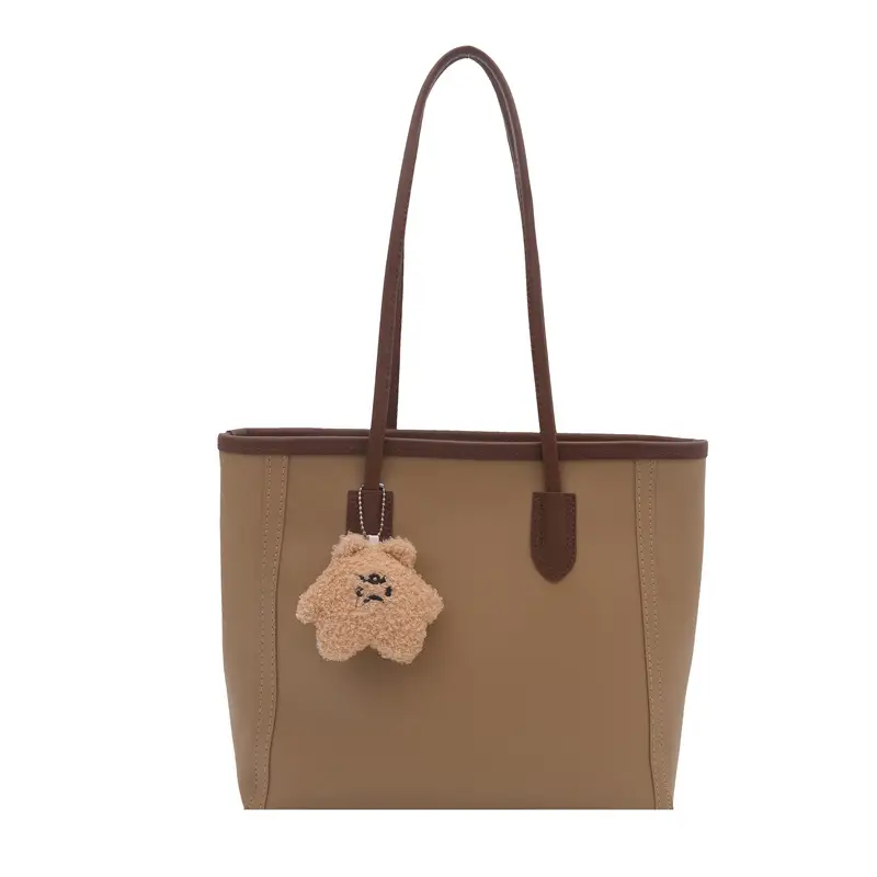 White Leather Shoulder Bag with Brown Strap & Pom Pom Charm - Image 13