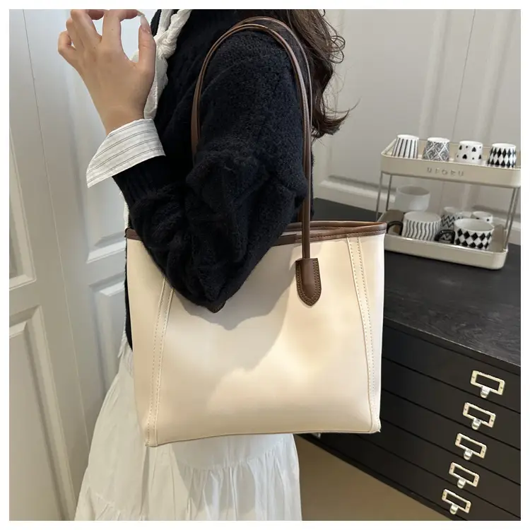 White Leather Shoulder Bag with Brown Strap & Pom Pom Charm — feature 13