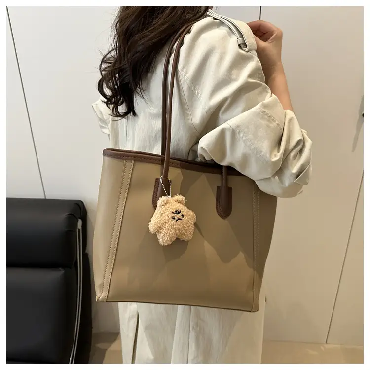 White Leather Shoulder Bag with Brown Strap & Pom Pom Charm — feature 18