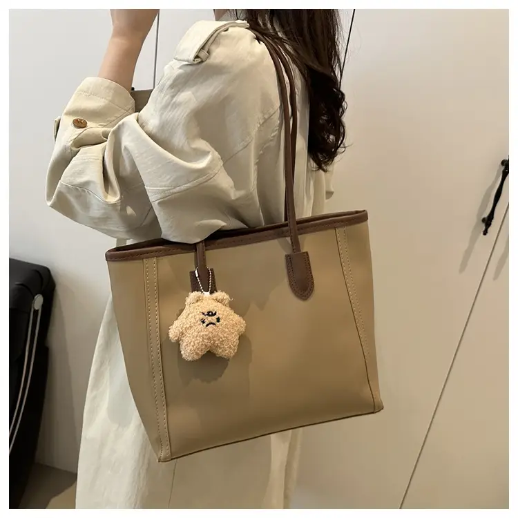 White Leather Shoulder Bag with Brown Strap & Pom Pom Charm — feature 19