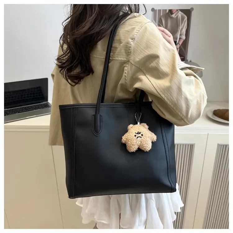 White Leather Shoulder Bag with Brown Strap & Pom Pom Charm — feature 21