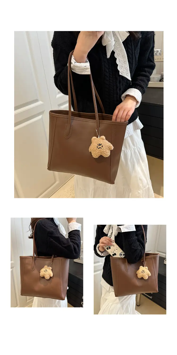 White Leather Shoulder Bag with Brown Strap & Pom Pom Charm — feature 27