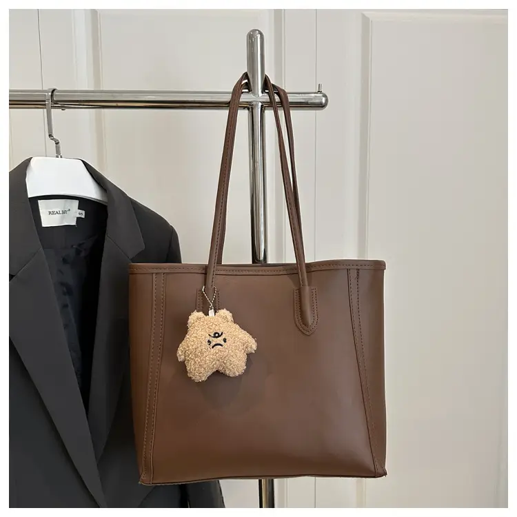 White Leather Shoulder Bag with Brown Strap & Pom Pom Charm - Image 3