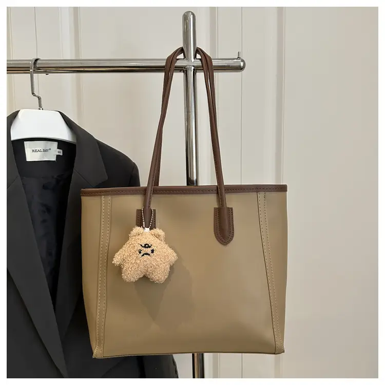 White Leather Shoulder Bag with Brown Strap & Pom Pom Charm - Image 4