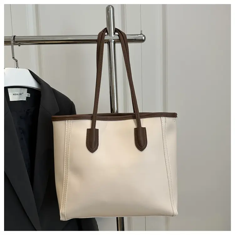 White Leather Shoulder Bag with Brown Strap & Pom Pom Charm - Image 5