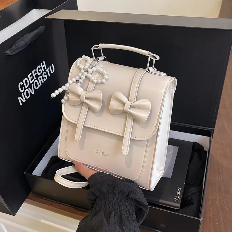 Women's Sweet Style Square Bag with Pearl Bow & Handle - Image 9